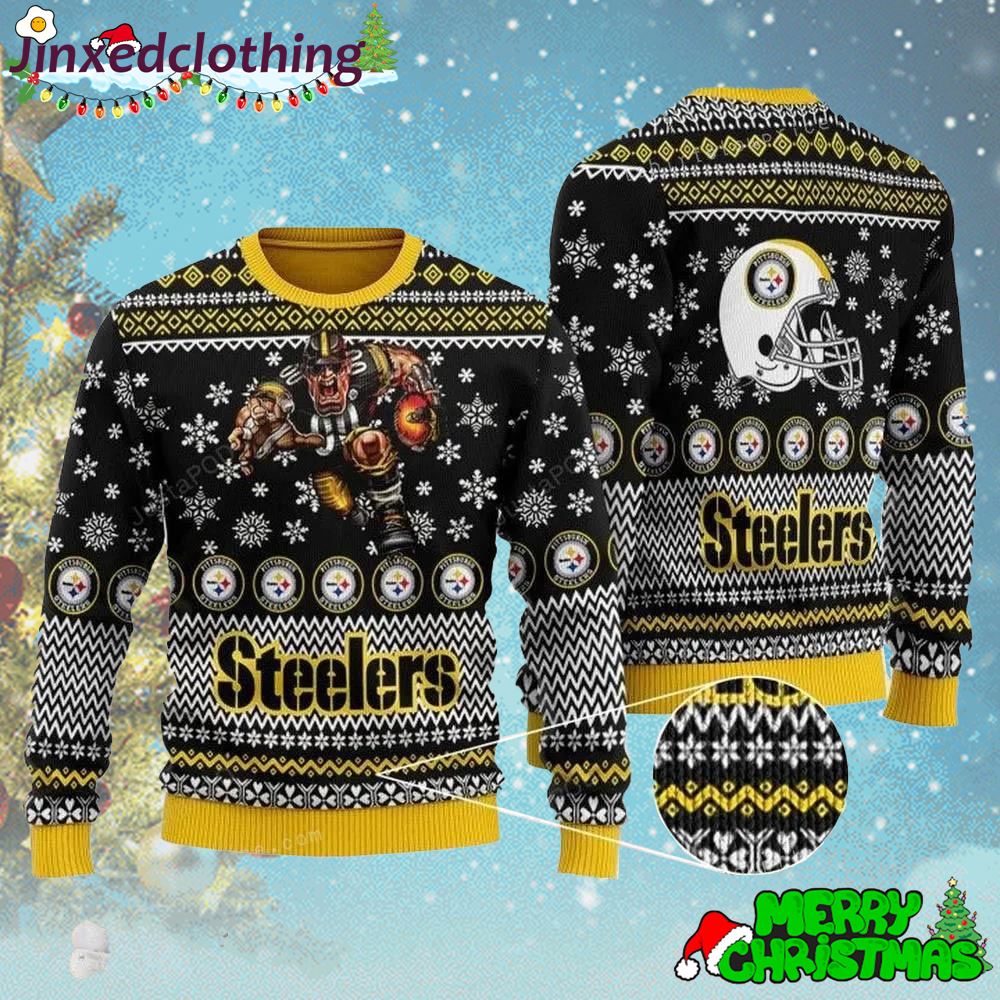 Sports Football Team Pittsteelers With Player Wearing Helmet Holding Ball Ugly Sweater Christmas Funny 